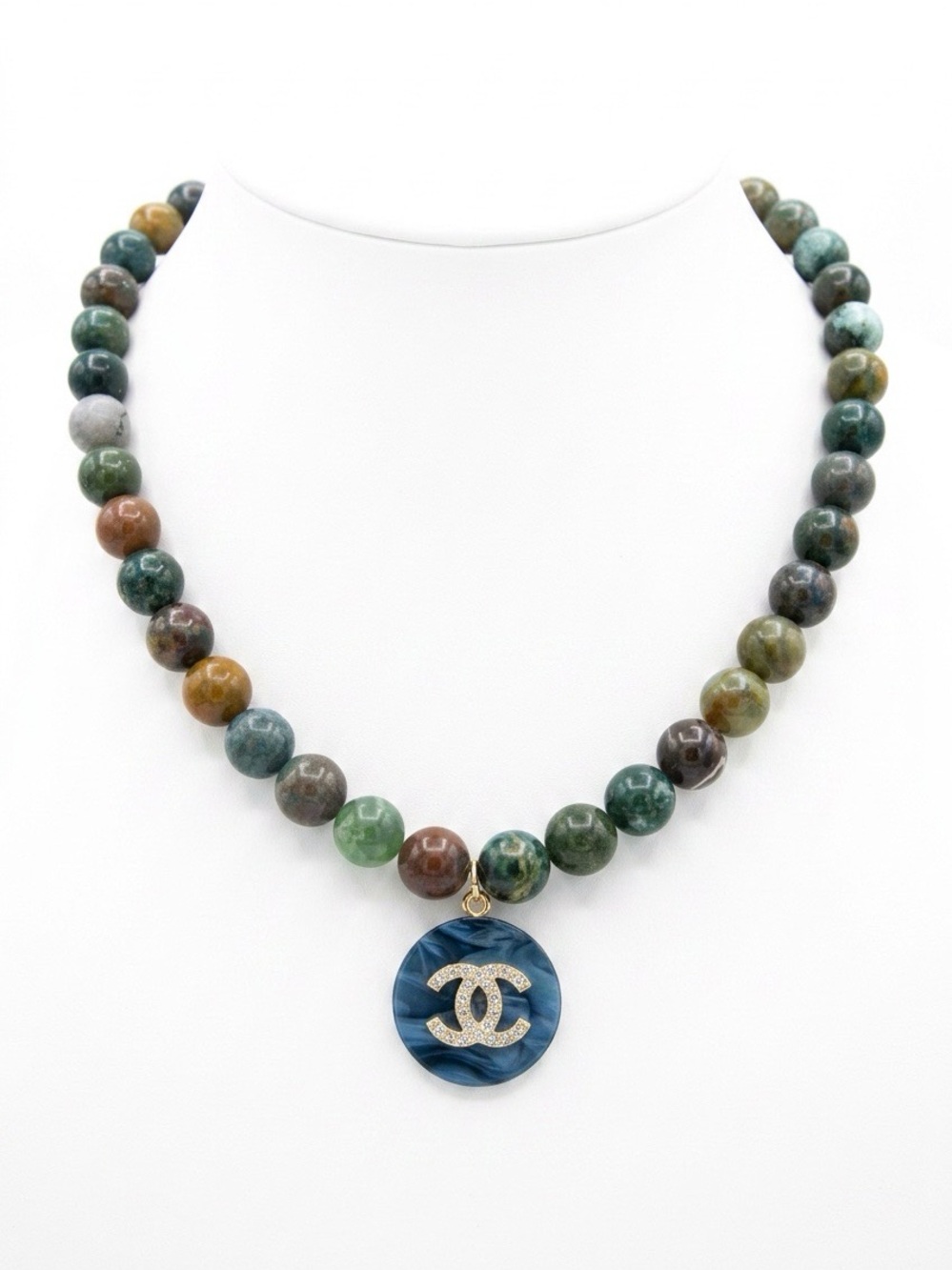 Multicolor Jasper Bead Necklace with Blue Logo Pendant(stamped)